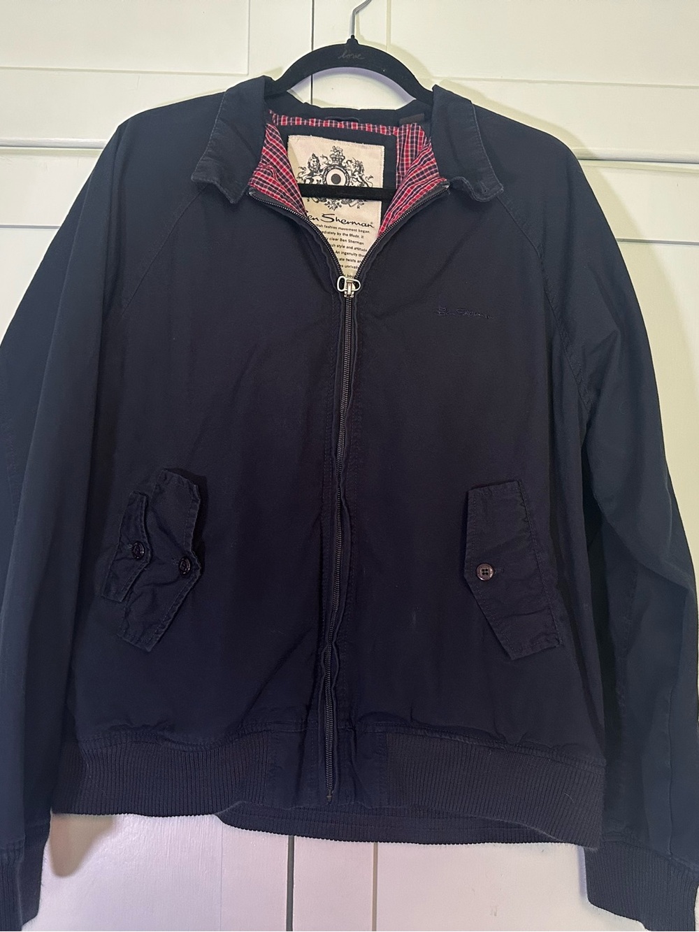 Ben Sherman Men’s Navy Blue Bomber Harrington Jacket with Red Plaid Lining Large